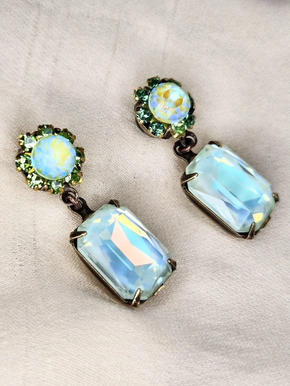 Bright Apple Green Crystals W/ Flower In Octagon Antique Bronze Artisan Earrings